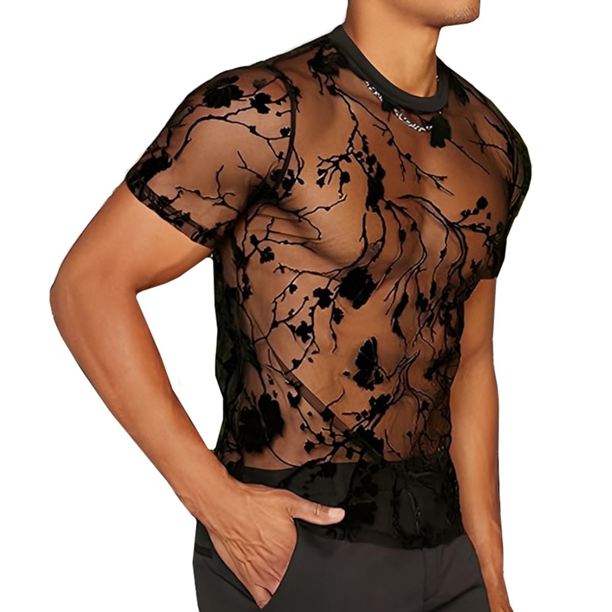 Hybursky Men's Floral Sheer Mesh T-shirt, Sexy Black See Through Crew Neck Short Sleeve Tops Undershirt Transparent Flower Tee Top Skinny Shirts for Party Rave Disco Clubwear Streetwear (XL)