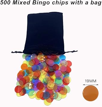 JUNWRROW 500 PCS 3/4 inch Transparent 6 Color Bingo Counting Chips with Bag
