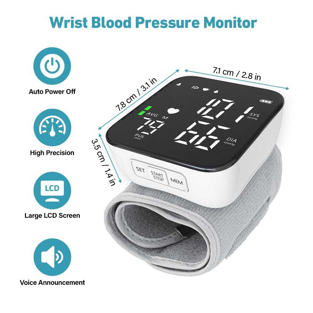 Tensiometro de Muñeca con Pantalla LCD, Tensiometro Muñeca con Aviso de Voz, Monitorización de Frecuencia Cardíaca, Carga USB Portátil, Brazalete Ajustable, Para el Hogar o de Viaje