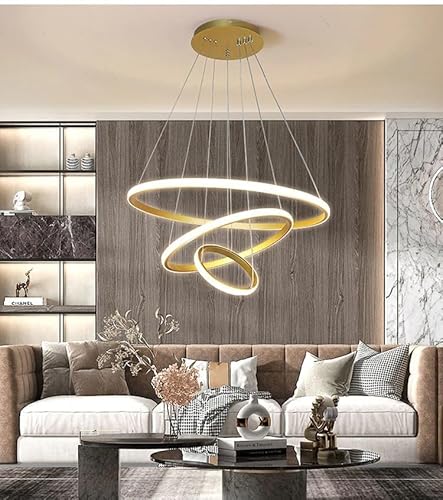 swanart Orbit Modern LED Chandelier, Dimmable 3-Ring Pendant Light Height Adjustable Hanging Ceiling Lamp for Living Room, Dining Room, Bedroom (Orbit Matte Gold)