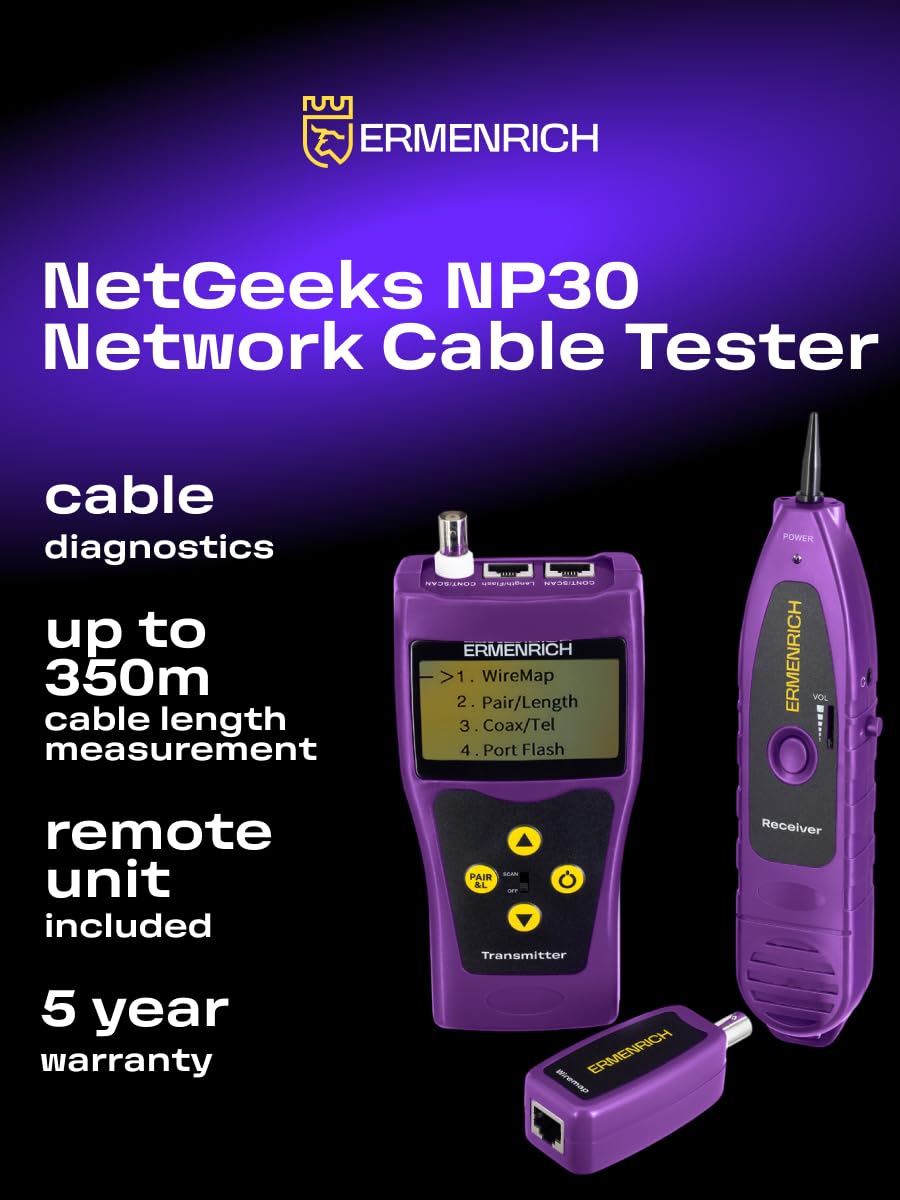 NetGeeks NP30 Tester per Cavi di Rete Test Lunghezza del Cavo | Testa Linee Telefoniche con Porta Flash 350m per LAN RJ45/RJ11Tracker CAT5E CAT6 CAT6A CAT7 Trova Interruzioni Cortocircuiti