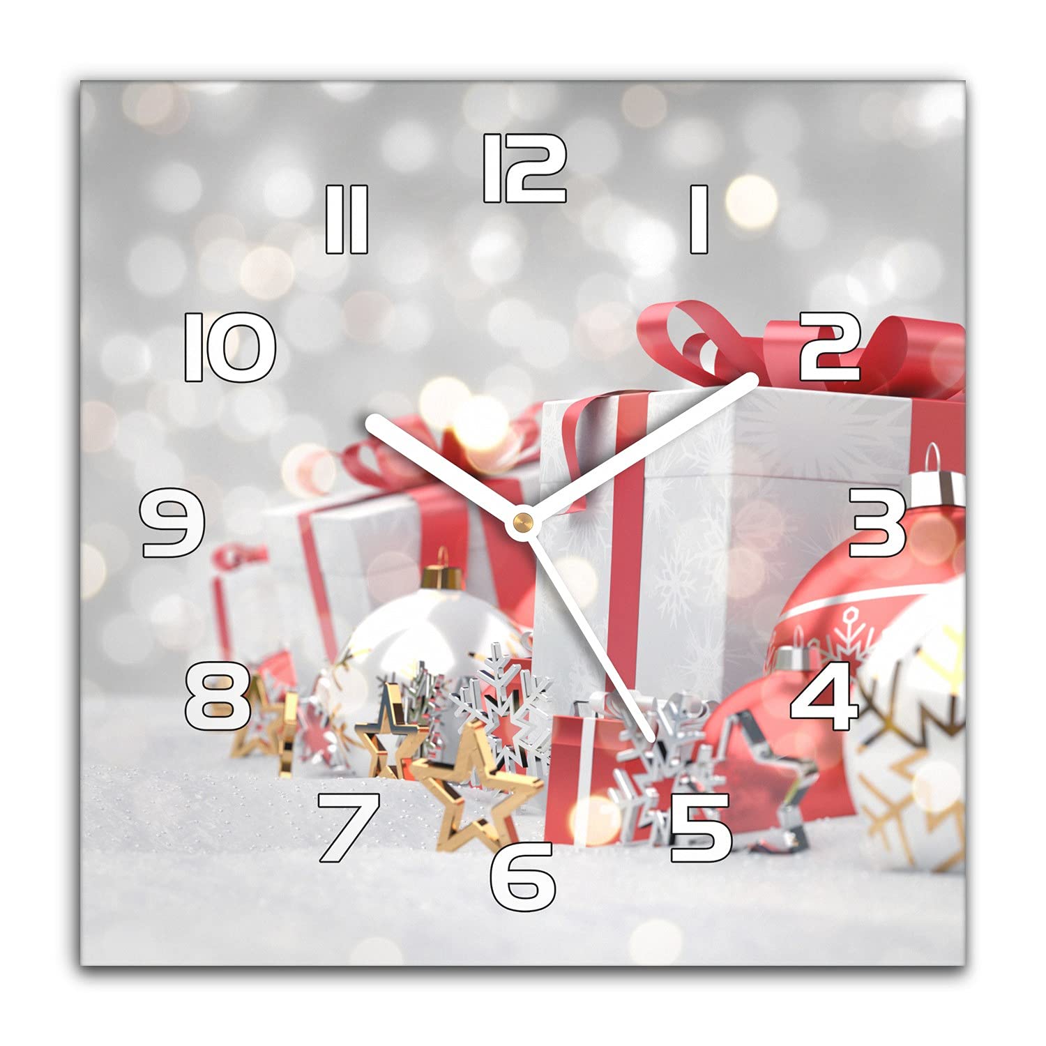 Horloge Murale Noël en Verre 30x30 cm Coloray avec Aiguilles Blanches