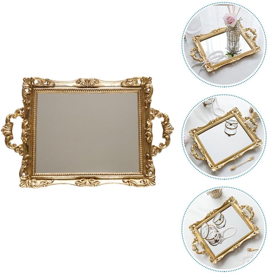 Cabilock Gold Mirror Tray 14.76X9.44 Inches Vintage Vanity Decorative Serving Tray for Jewelry Wedding Dessert Table Home Decor Accent