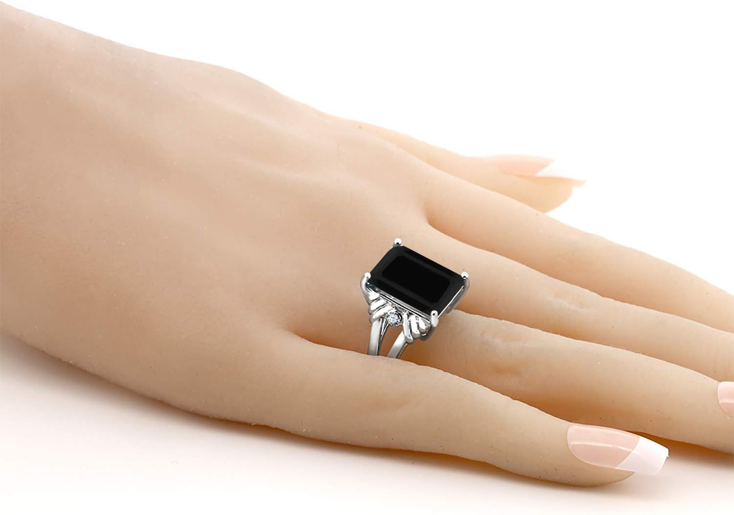 Gem Stone King 6.43 Cttw Black Onyx and White Created Sapphire Engagement Ring For Women | 925 Sterling Silver | Gemstone December Birthstone | Emerald Cut 14X10MM - Image 4