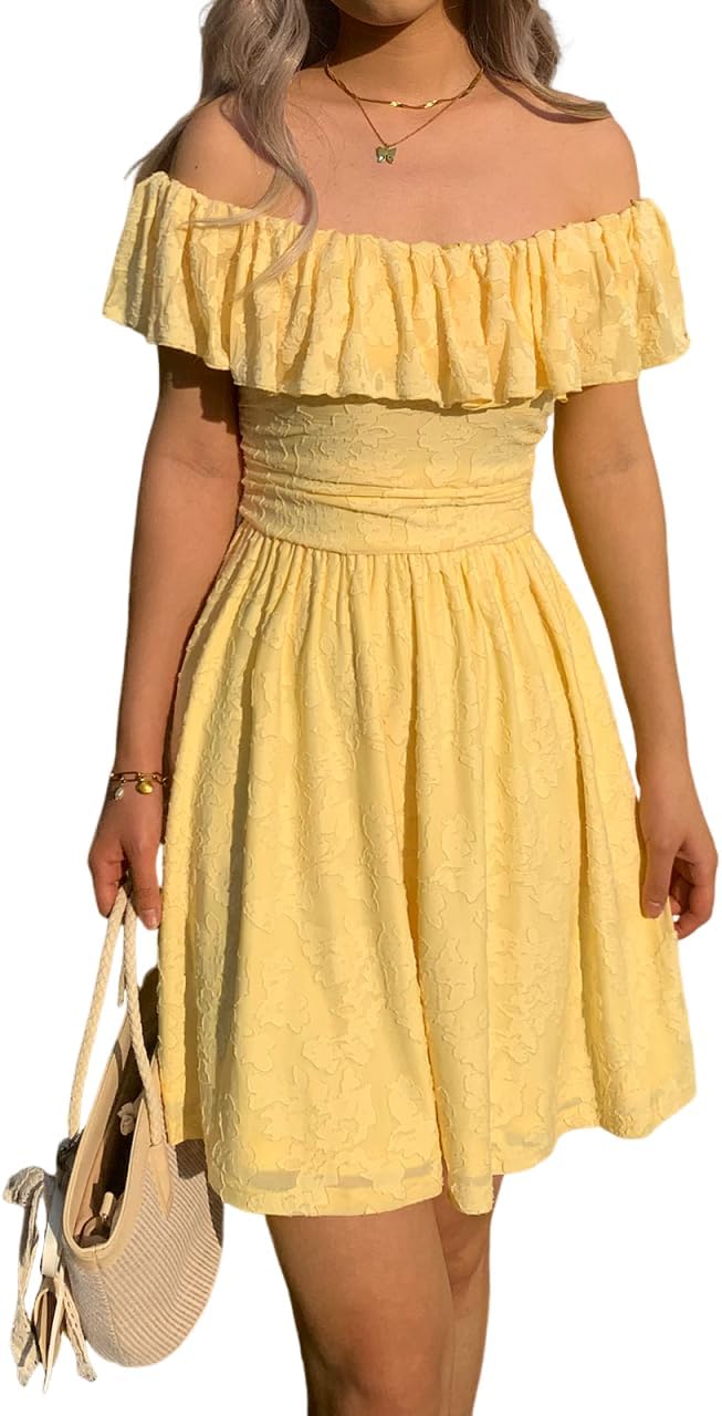 Square Neck Dress for Women Summer Off Shoulder Flowy A Line Mini Dressess Casual Vacation Beach Sundress