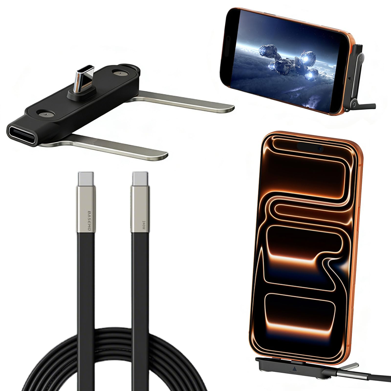 Caricatore invisibile 2in1 per telefono, Telefono Laterale 240W Cavo Ricarica Rapida Tipo C con supporto per telephone integrato, per smartphone, tablet, giochi e ufficio(Set di cavi dati nero)