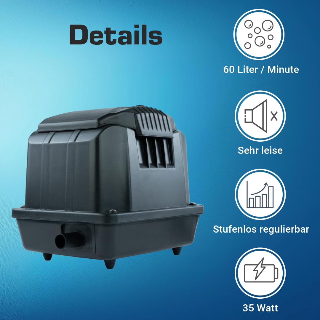 Teichbelüfter 3600 L/H stufenlos regulierbar, 35 Watt Sauerstoffpumpe für Teich, Membranpumpe 60 L/Min, Teichbelüftung, Luftpumpe Teich, Belüfterpumpe für Gartenteiche, Teichbelüftungspumpe