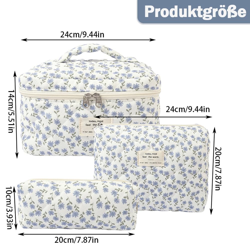 3 Piece Cosmetic Bag Women's Make Up Bag, Quilted Toiletry Bag with Floral Pattern, Travel Cosmetic Bag - Image 2