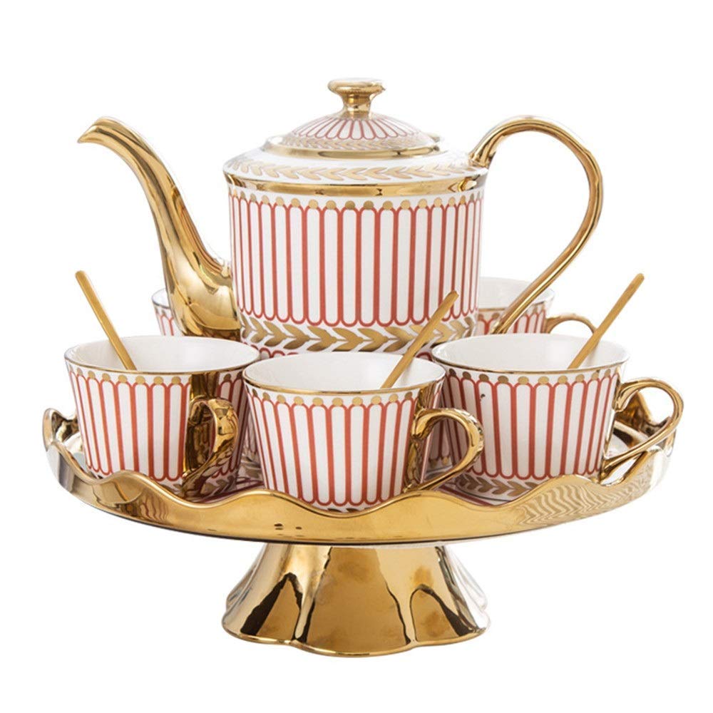 Juego de Tazas de té y café de cerámica con Rayas Doradas Europeas. Incluye 6 Tazas de té con Bandeja giratoria (Juego de 14 Unidades en Rojo).