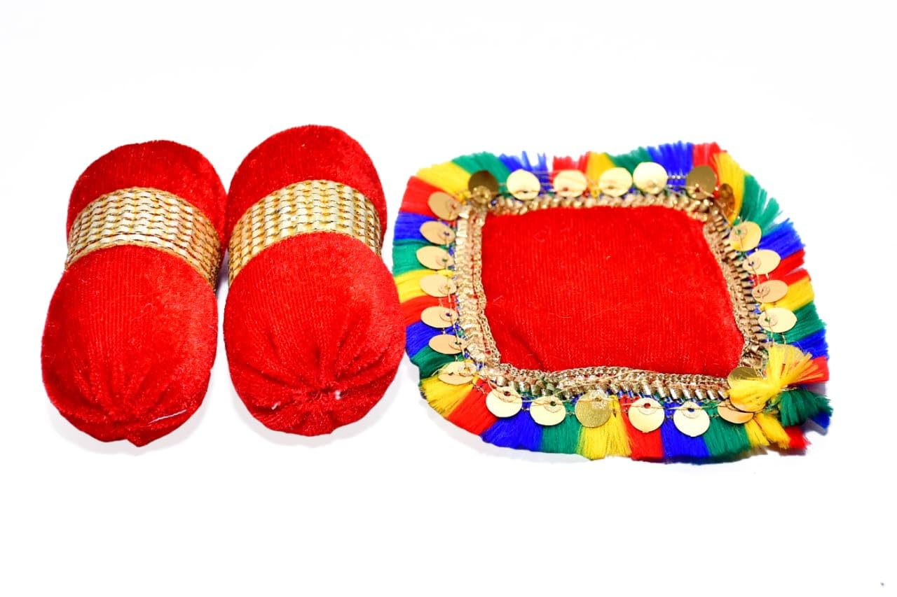 SAMRUDDHI Home Decor Laddu Bal Gopal Thakurji Bedding Set (Handcraft Aasan, Head & Side Pillow Set) Multi Color Pack of 2 (Design 9) 3