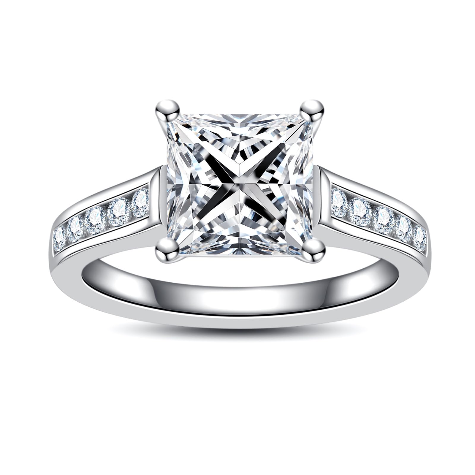 Yeesoth Radiant/Princess/Emerald Cut Moissanite Engagement Rings 3.28-3.6cttw(3CT Center Stone) D Color VVS1 White Gold Plated 925 Sterling Silver