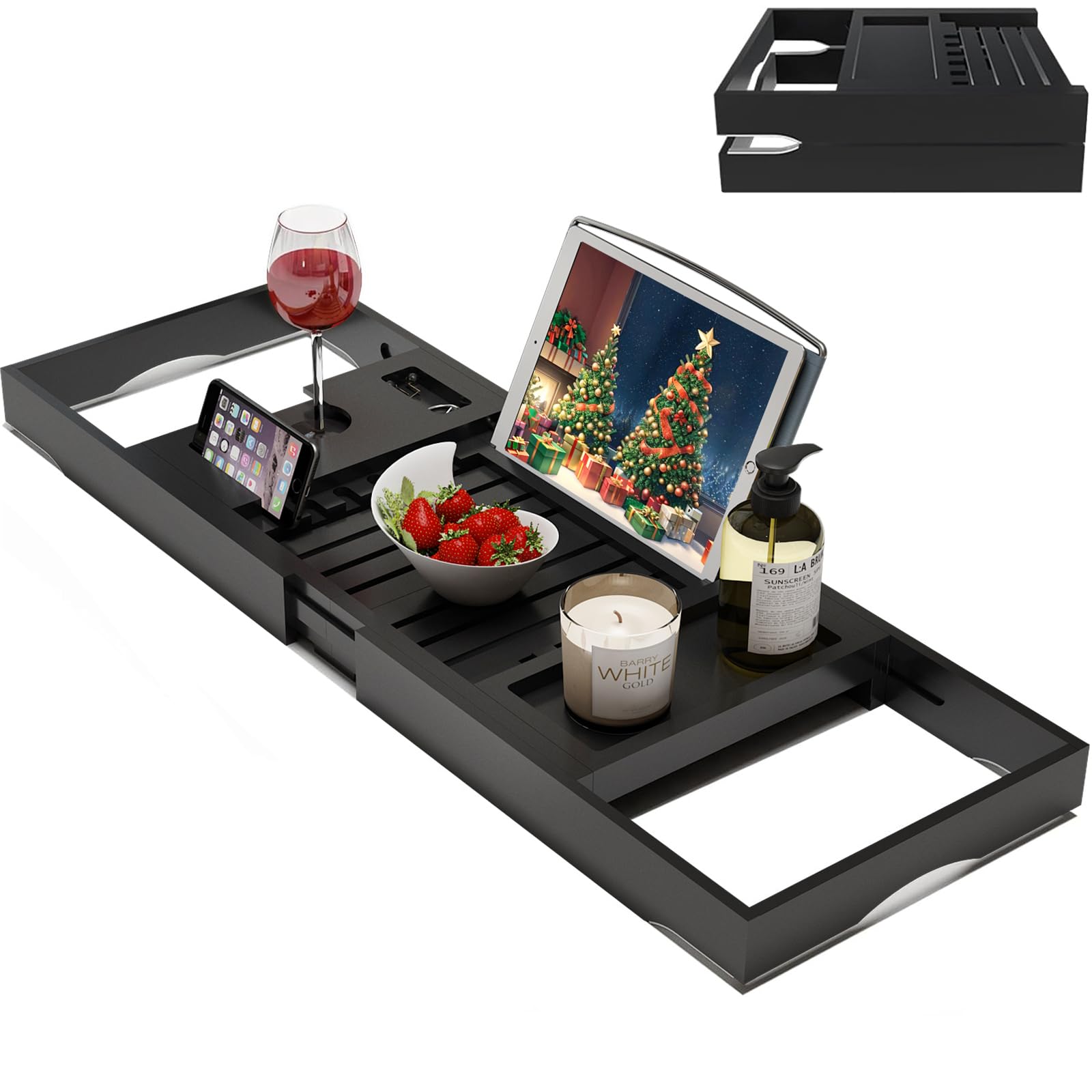 Bandeja plegable de bambú expandible para baño de lujo, accesorios de baño y mesa con soporte para copas de vino, soporte para libros, organizador de baño con lados extensibles para hombres y mujeres
