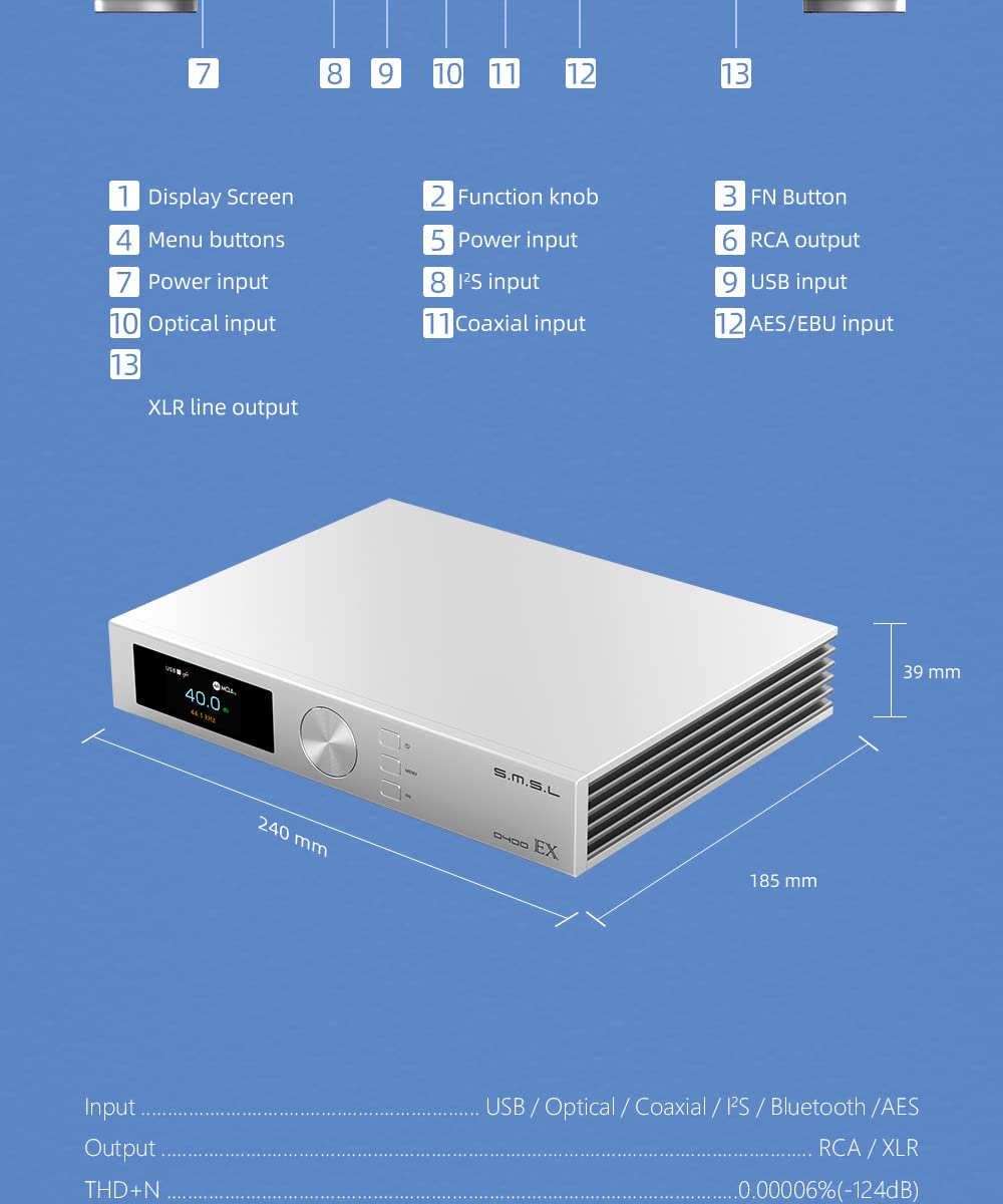 S.M.S.L D400EX MQA DAC AK4499EX AK4191X1 XMOS XU-316 Bluetooth 5.0 DSD512 RCA/XLR LDAC APTX/HD Decoder High Resolution Audio DAC