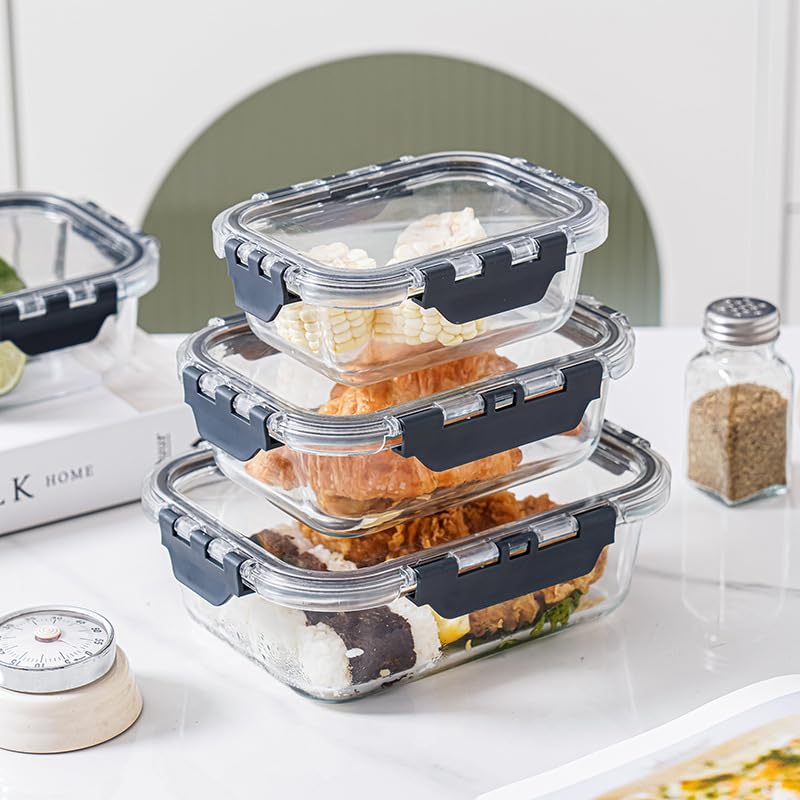 Glass Meal Prep Containers (3 pcs Rectangle) - Glass Food Storage Containers with Lids, Glass Lunch Box, Portion Control, Airtight, Glass Bento Box Lunch Containers- 3P Rectangle Black