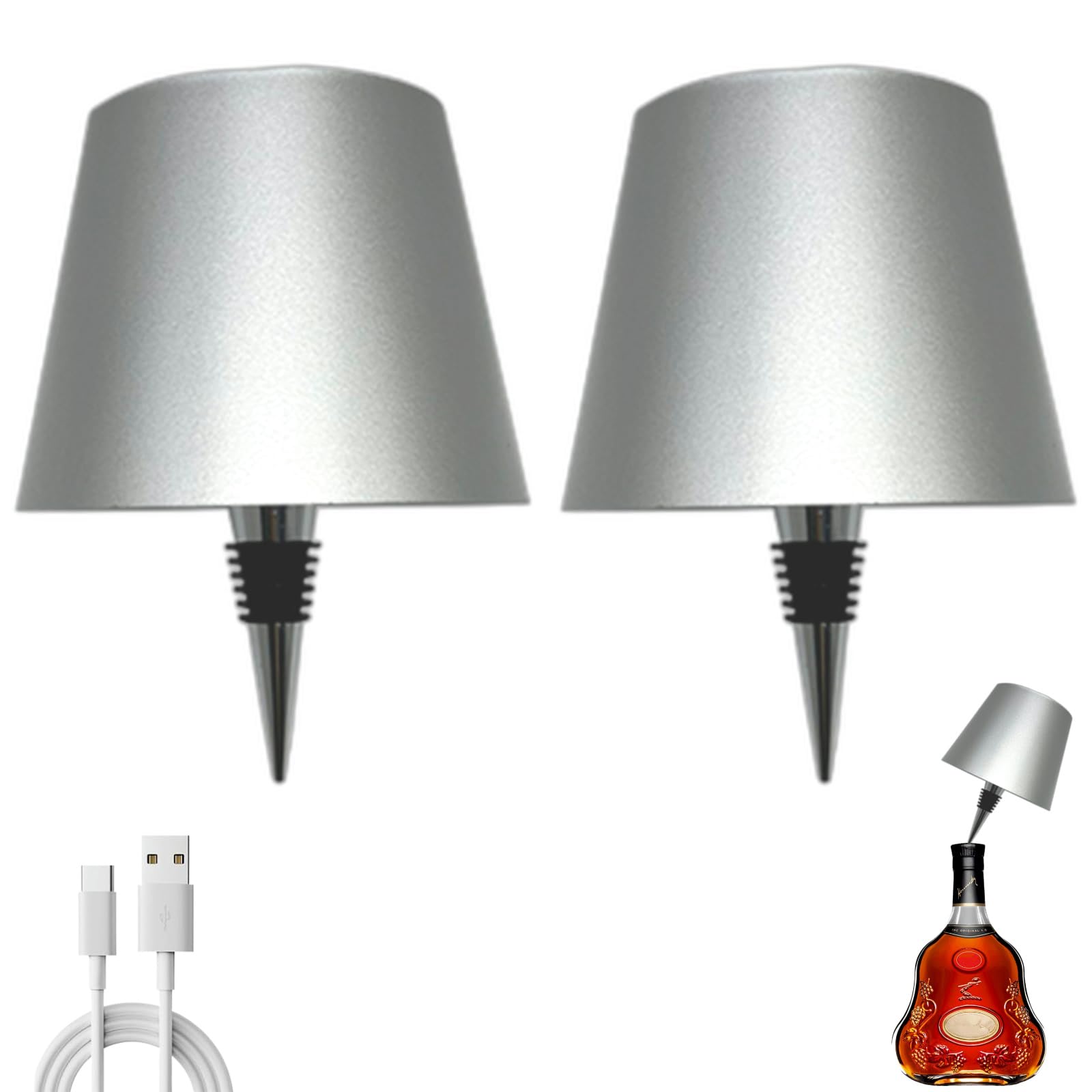 Brabola Wireless Wine Bottle Lamp, Liquor Bottle Light Rechargeable Touch Control Cordless Table Lamp with 3 Color Dimmable for Restaurant, Home, Bar, Office, Christmas (Silver, 2 Pcs)