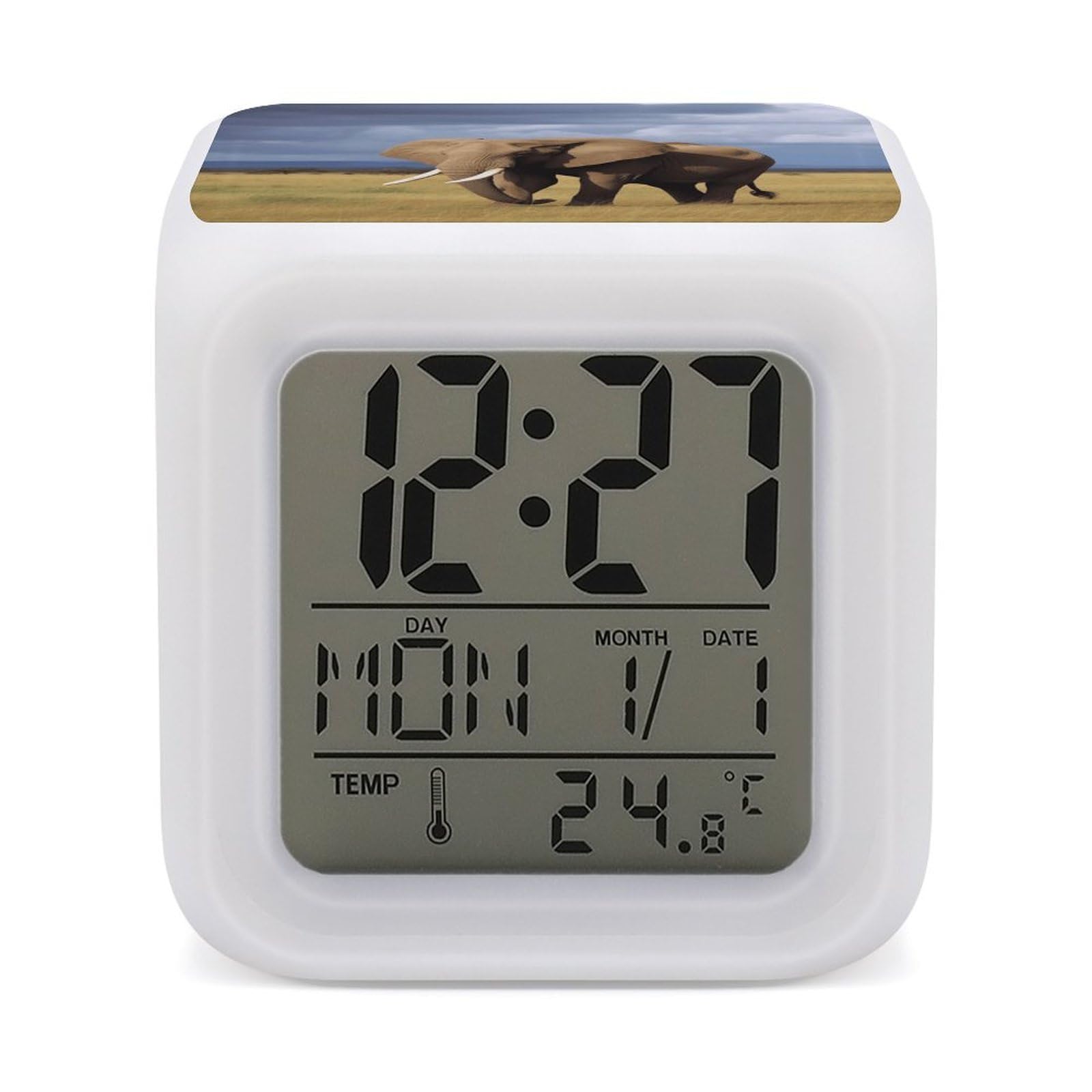 VstaDank Africa Grassland Elephant Alarm Clock with 7 Color Changing Night Light Date Temp Display Wake Clocks LED Display Digital Clock Electric Desk Clocks for Living Office Bedroom Decor