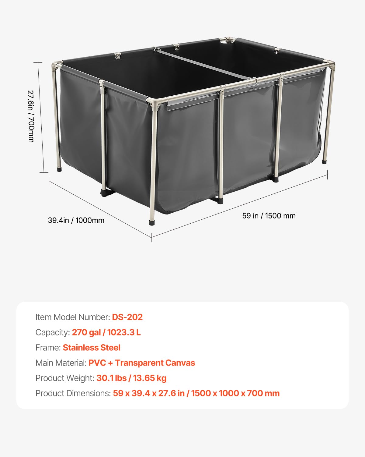 VEVOR Estanque de Lona sobre Suelo 1023,3 L de PVC con Panel de Visualización Transparente Tanque Rectangular 150x100x70 cm para Peces Dorados con Marco de Acero Inoxidable Válvula de Drenaje, Negro