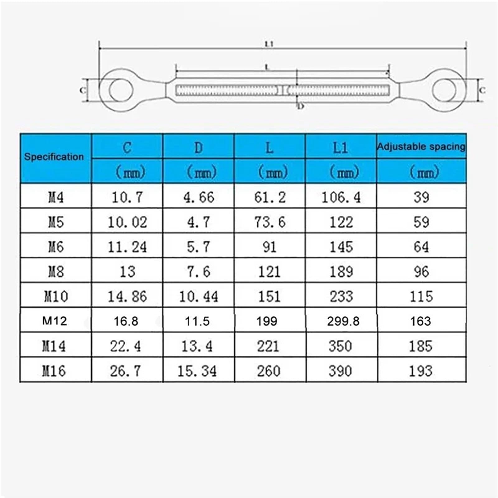 6 uds M4-M16304 ganchos de acero inoxidable y tensor tensión cuerda alambre con ojo Para Cable(Color 3,M16)