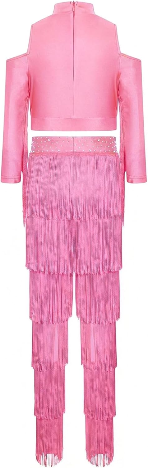 Girls Latin Cha Cha Dancewear Rhinestone Fringe Long Sleeve Back Zip Crop Top with Stretchy Fringe Pants