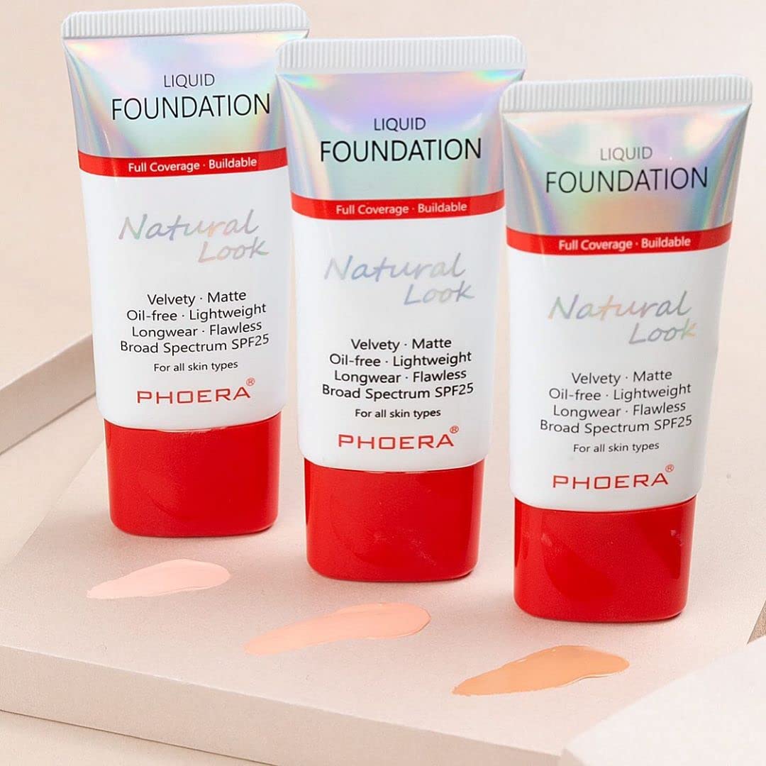 Glamza Phoera Foundation - Set di trucco a copertura completa, 24 ore su 24 e lunga durata, confezione più intelligente, 6 pezzi da 30 ml di fondotinta e spugna in silicone (104B sabbia beige)