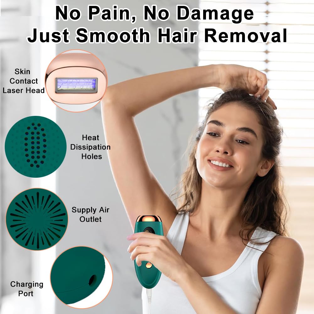 Depiladora Electrica, Depiladora Laser, Depiladora Laser IPL con Función de Enfriamiento, Depiladora indolora para cara, axilas, brazos, piernas y cuerpo (Verde)
