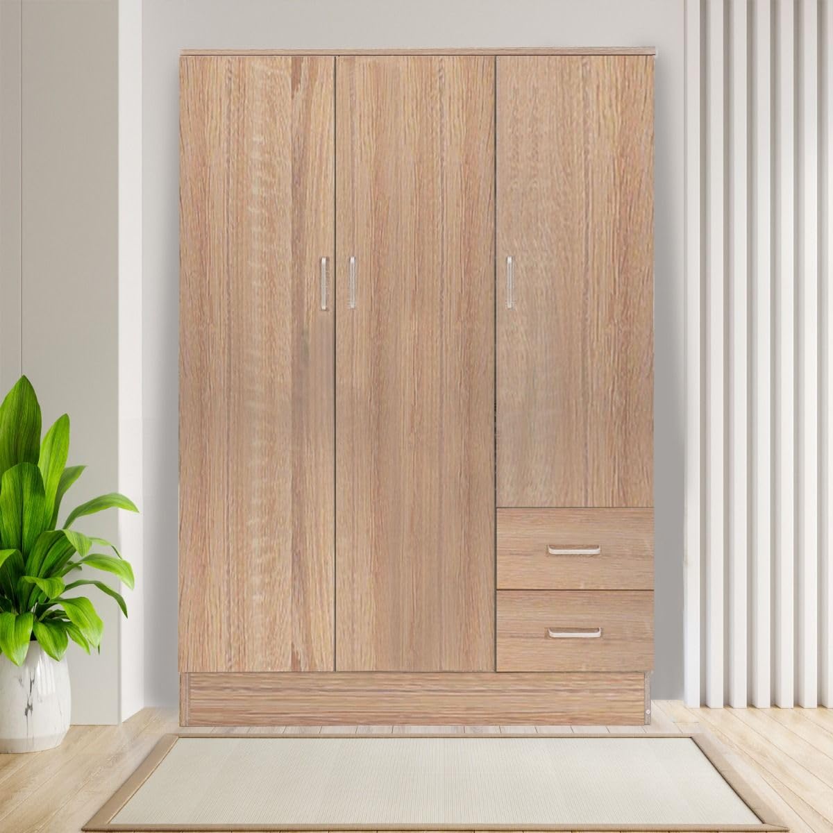 Bissolo Casa Armadio Multiuso Rovere 120x50x170 cm con 3 Ante e 2 Cassetti, Mobile con Tubi Appendiabiti in Laminato, Armadio per Camera da Letto, Ripostiglio e Garage