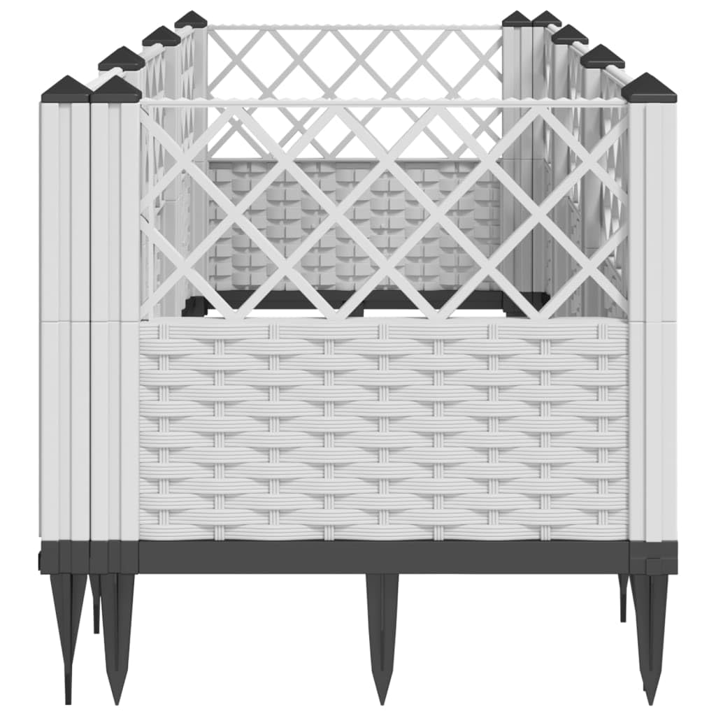 Jardinera con estacas, color blanco, 123,5 x 43,5 x 43,5 cm, bancal modular en aspecto de ratán, de plástico resistente, para jardín, terraza y balcón, 8 elementos
