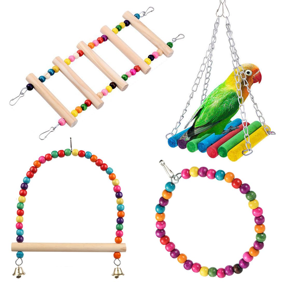 GGUFAY 4 Piezas Juguetes Agapornis Juguetes para Pájaros Columpio Juguetes Hamaca de Madera Perchas Colorido Juguetes Loros Accesorios Juguetes para Periquitos Pinzones Cockatiels