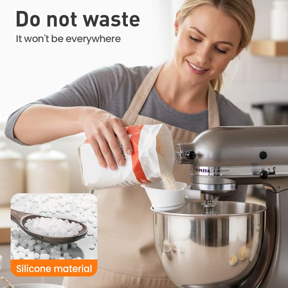Flour Funnel for Kitchen Aid Mixer, Kitchen Aid Stand Mixer Attachment Accessory, Large-Capacity Collapsible Anti-Splash Funnel, Foldable Silicone Easy Pour Baking Accessory, Dishwasher Safe (White)