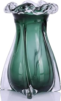 Hand Blown Glass vase, Modern Art Decorative vase, Green Glass vase Suitable for Decorating Living Room Dining Table Centers, TV cabinets, Offices, and entryway Side Tables.
