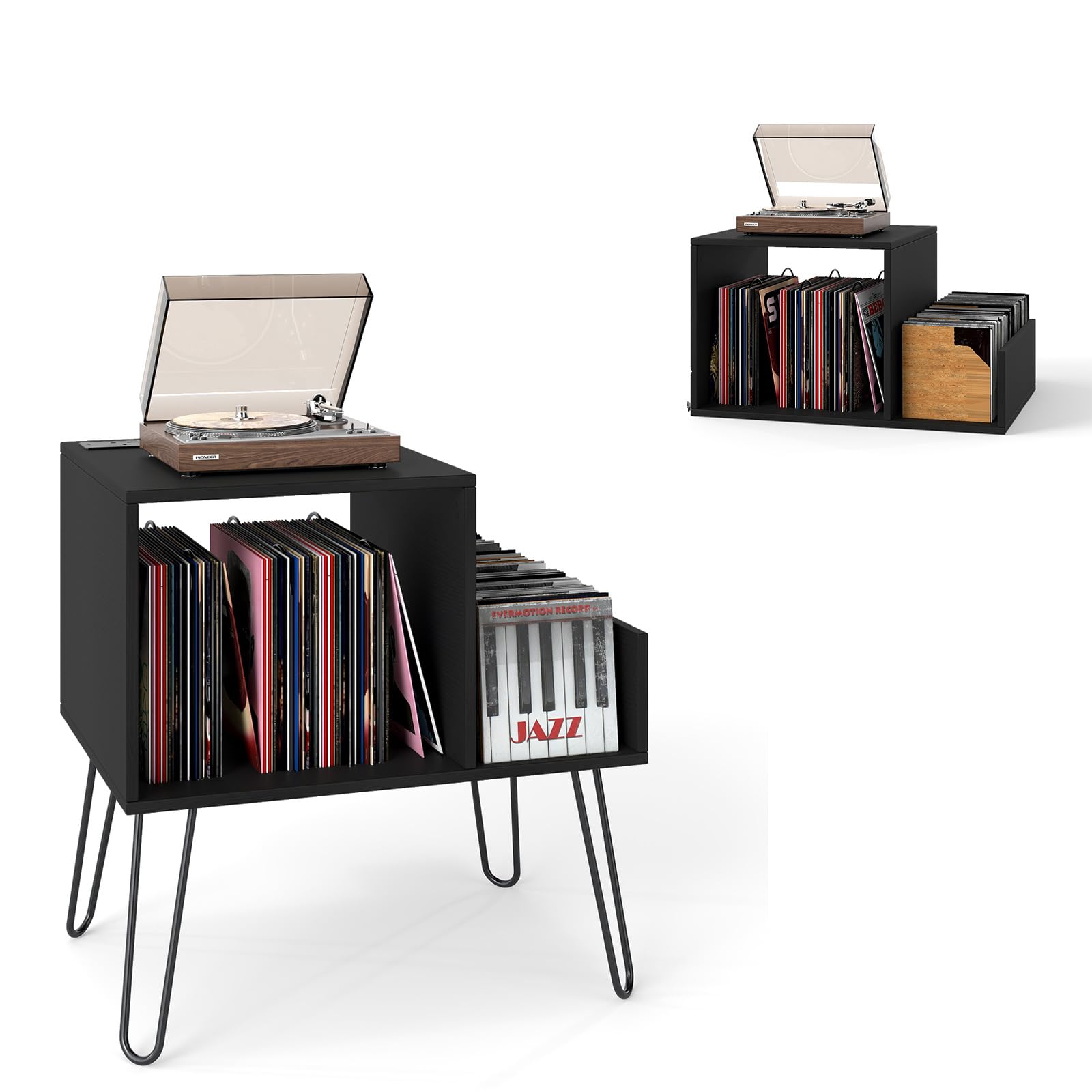 KOMFOTTEU Supporto per Giradischi con Stazione di Ricarica, Porta Dischi Vinile Vintege con Pareti Divisorie e Ripiano Laterale, Espositore per Dischi in Vinile Fino a 145 Album, 66x45x67cm (Nero)