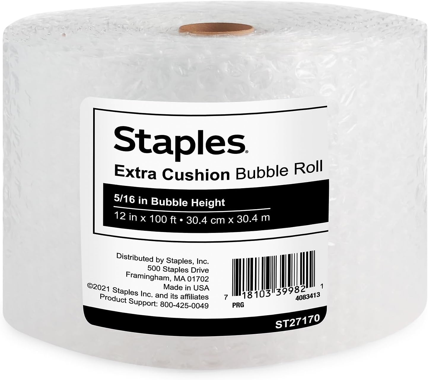 Staples Standard Bubble Cushioning Roll, 5/16” Bubble Height, 12” x 100’, Protective Packaging for Shipping & Storage