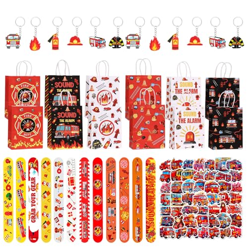 Yhjxly Juego de 86 bolsas de regalo para fiesta de bombero, con 12 bolsas de regalo, 12 pulseras de slap, 12 llaveros, 50 pegatinas, para decoración de cumpleaños de bombero