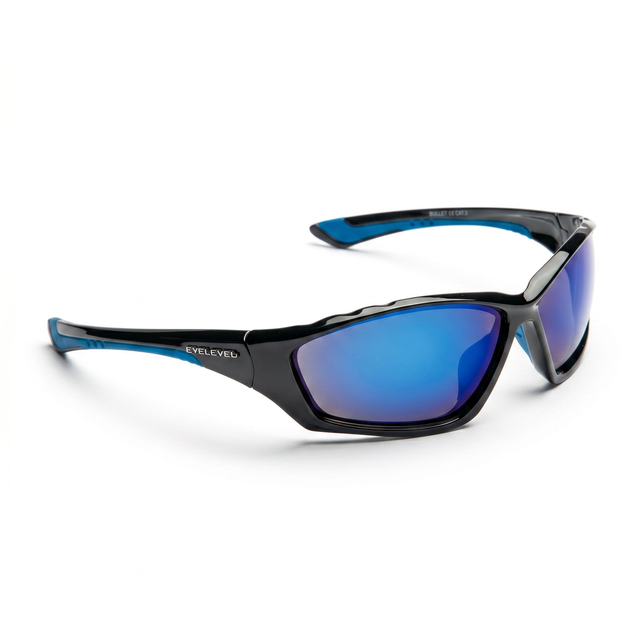 Eyelevel Bullet Polycarbonate Sport Sunglasses, Black Blue Rubber Frame, Blue Mirror Lens, UV400 Shatterproof Wraparound Sunglasses