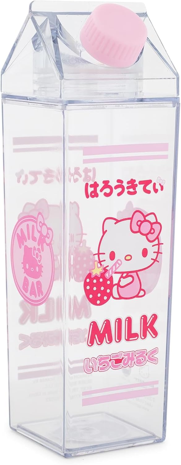 Silver Buffalo Sanrio Hello Kitty Strawberry Plastic Milk Carton Bottle With Spill-Resistant Lid | Holds 16 Ounces