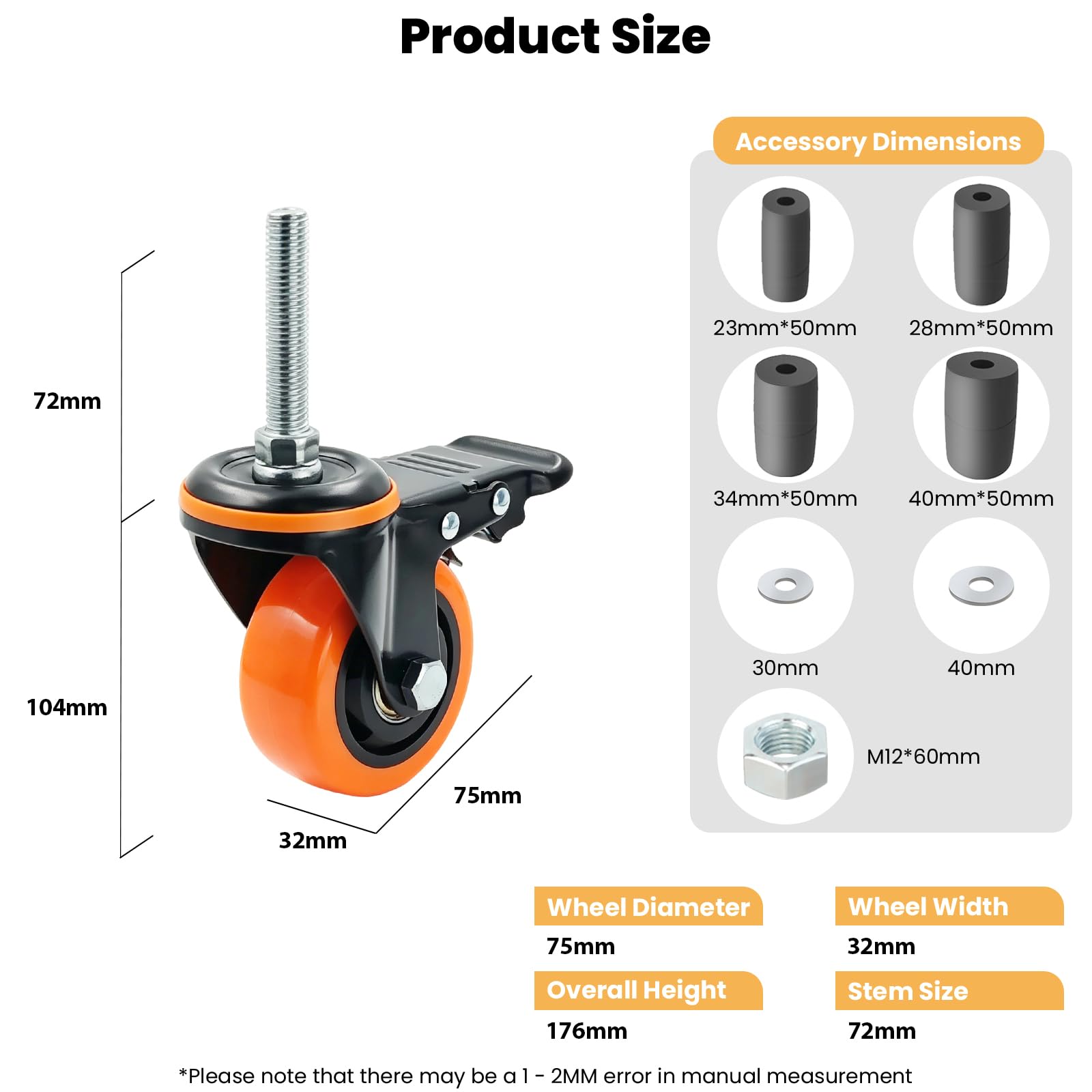 75mm Dilatabile Perno ruote per carrelli set da 4 con Freno Arancione, per carichi pesanti 400KG Totale capacità di carico, Si adatta 23mm/28mm/34mm/40mm Tuba Gamba, ideale per Prep Tables, Carrelli