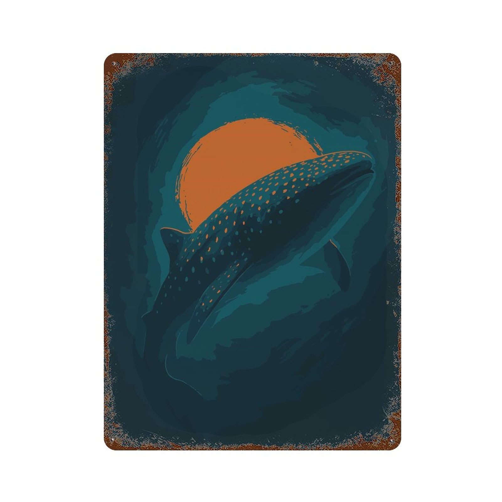 Rust Effect Whale Shark And Sun Digital Art Decorative Tin Sign 15.7"x11.8", Vintage Wall Decor for Farmhouse, Kitchen And Entryway Decor
