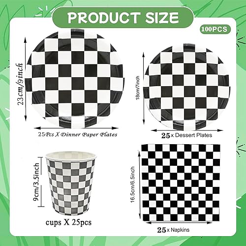 Miniatura 2 de 100 piezas de suministros de fiesta de autos de carreras a cuadros negros y blancos, platos de cena y postre de 9 y 7 pulgadas, servilletas, tazas