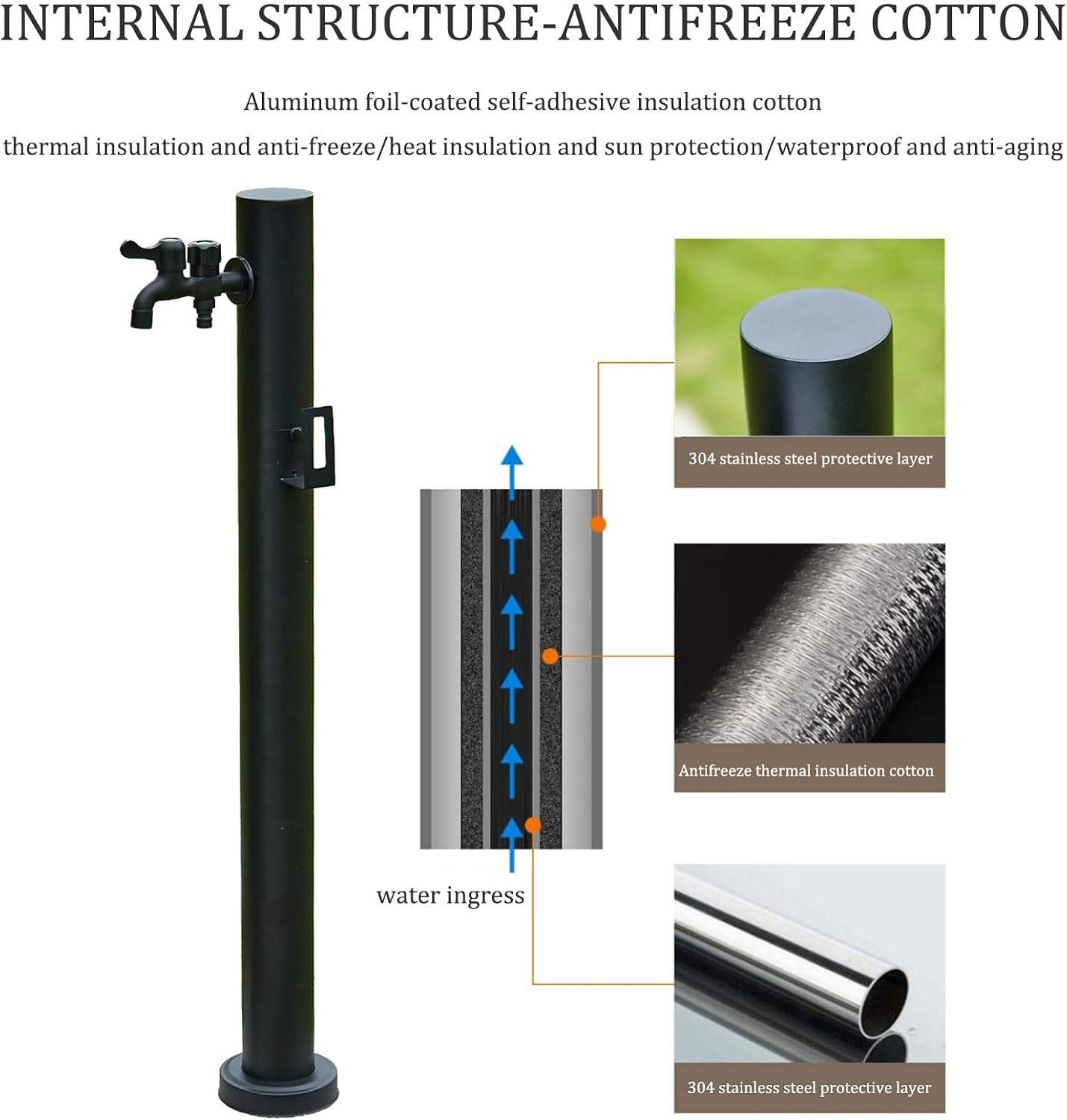 304 Stainless Steel Cylindrical Vertical Garden Water Column,Freestanding Hose Stand with Faucet,Outdoor Antifreeze Faucet Water Dispenser Hydrant Decorative Yard Floor Mounted Water Feature Fountai