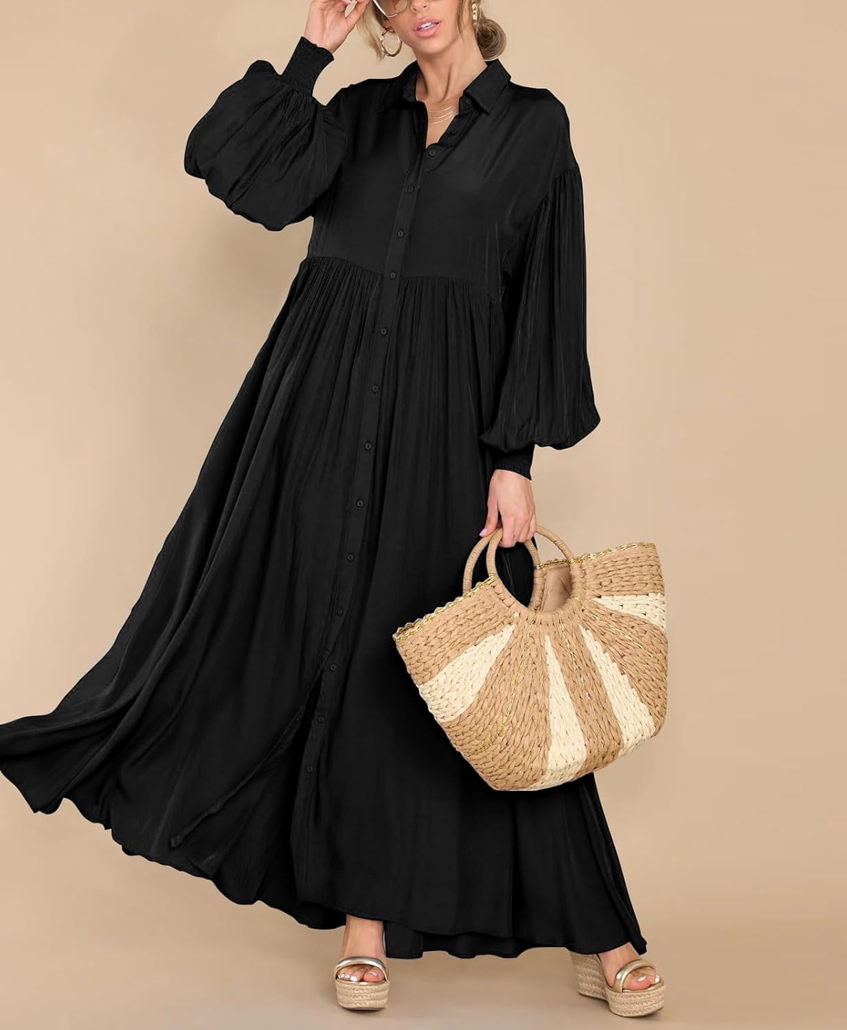 chouyatou Women's Casual Long Sleeve Button Down Shirt Dress Elegant Pleated Flowy Swing Maxi Dress - Image 5