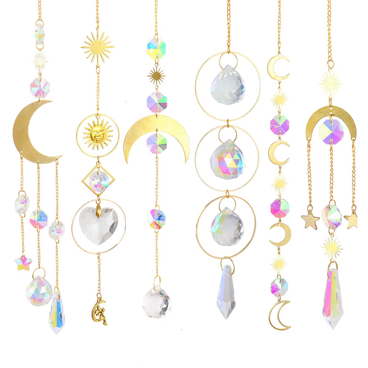 VARMHUS Sun Catchers with Crystals,Hanging Sun Moon Stars Suncatcher for Window Decoration Chain 6 Pack K9 Crystal Prisms Pendant for Window Home Office Garden Decoration(14.56"-17.32")
