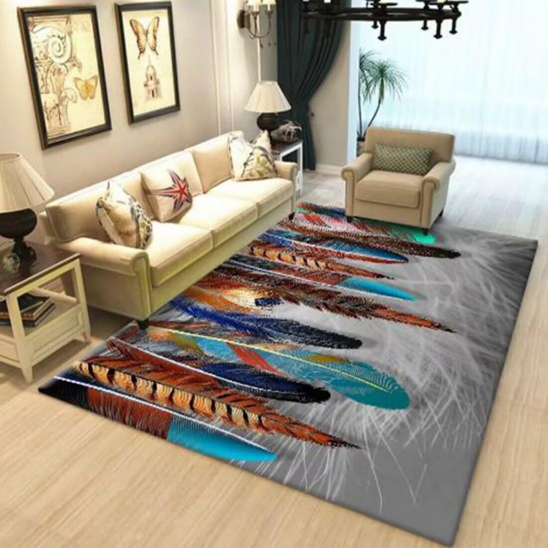 Tapis résistant aux taches motif plumes colorées pour coin étude de salon