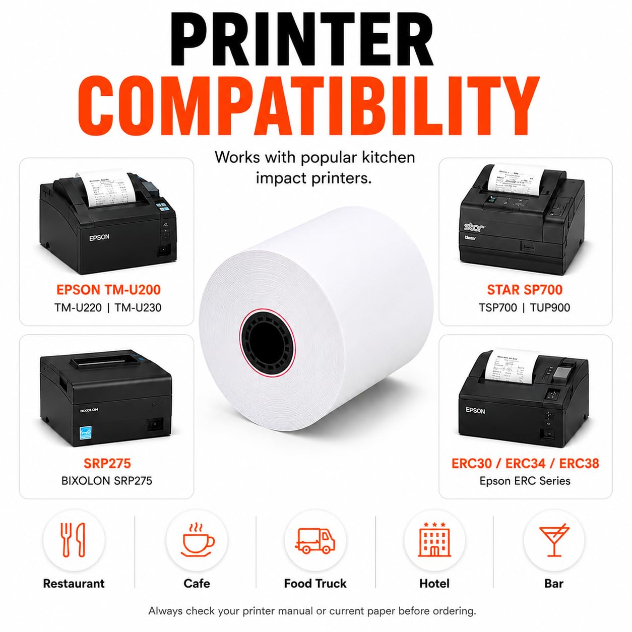 BAM POS Papel de recibo de cocina de 1 capa, 7,6 cm x 150 pies, color blanco (24 rollos) | Rollos de papel para restaurantes, hoteles y puntos de venta al por menor. Compatible con Star SP700, TM U200, SRP275