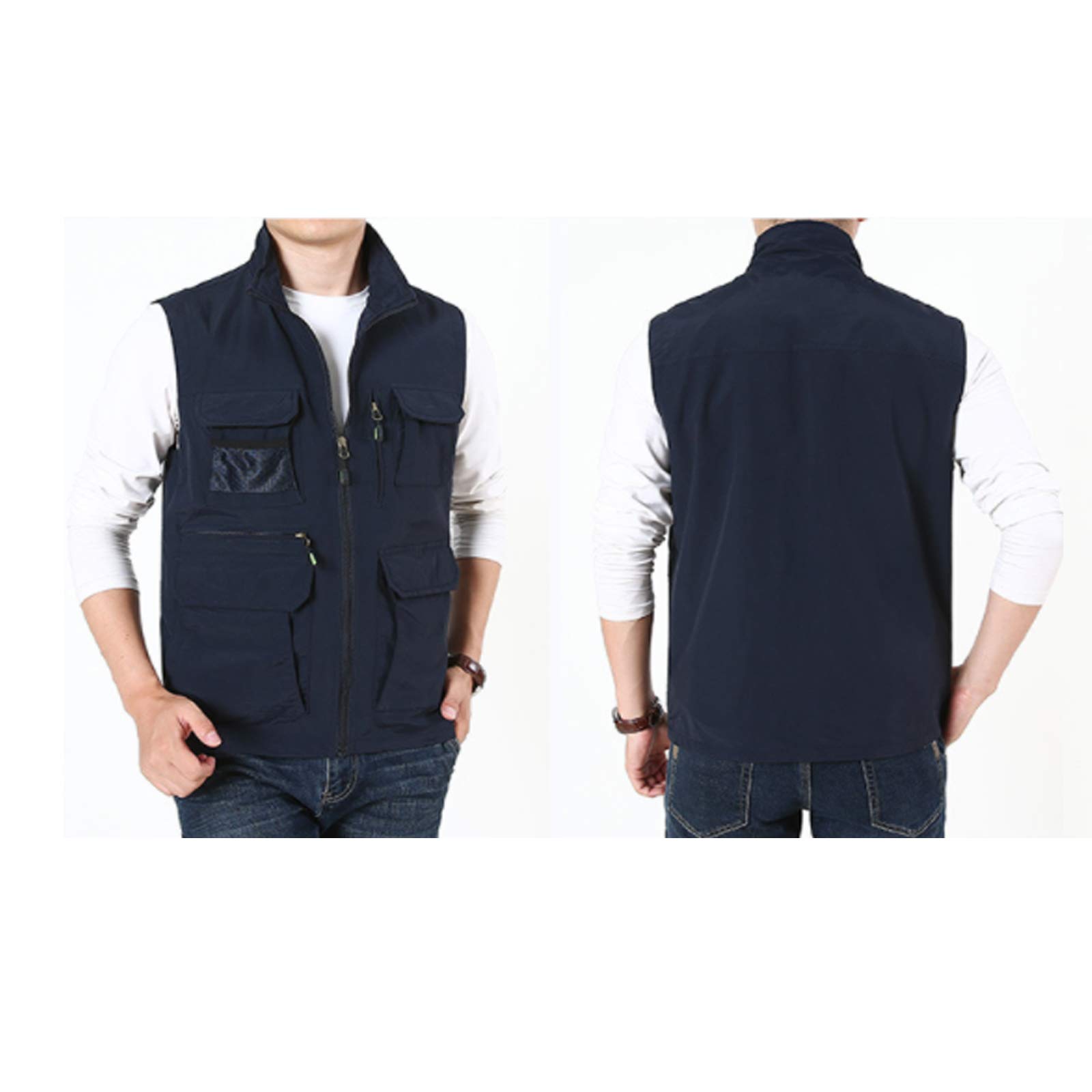 Gilet de pêche sans manches pour homme multi-poches pour le camping, les voyages, la photographie, bleu - Taille XXL
