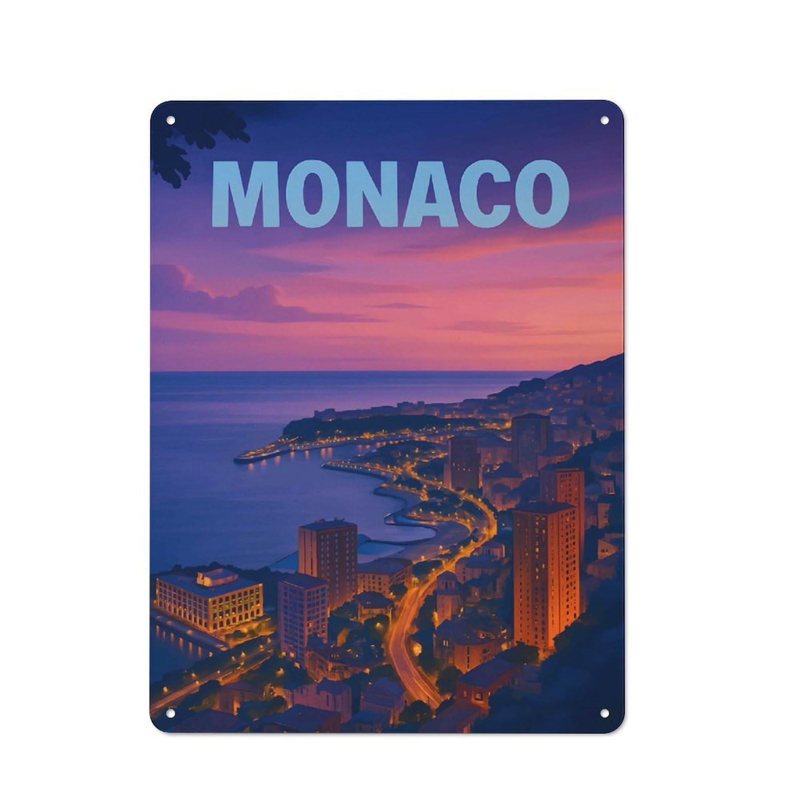 Junmoney Style-1 Monaco Cityscape At Dusk Metal Wall Sign 40X30cm, Rustic Decor For Pub Or Café, For Home Interiors, Feature Walls And Decorative Displays