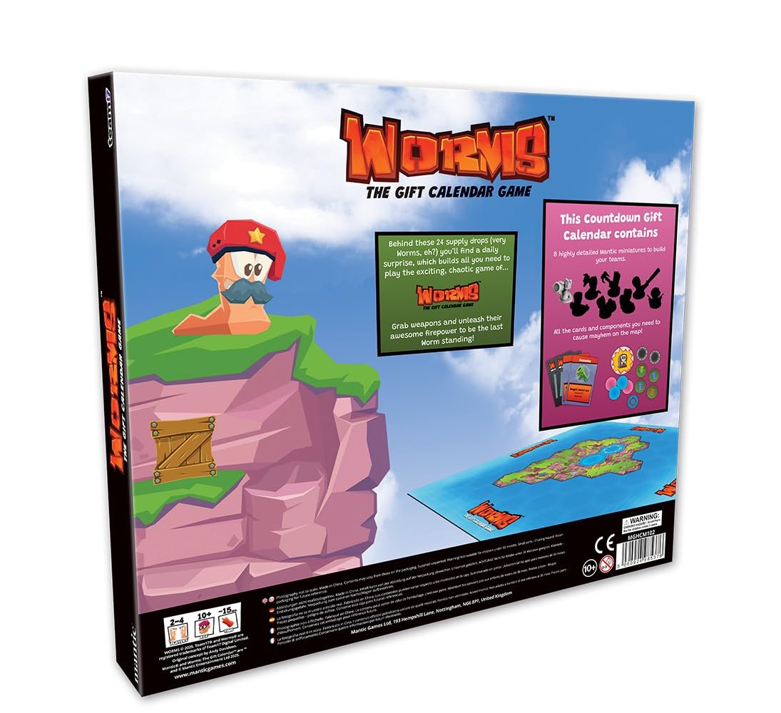 mantic | Worms : The Board Game Calendrier de l'Avent | Jeu de société de 24 jours à construire | Comprend des figurines de vers, un terrain, des dés et des jetons | Mayhem familial amusant pour 2 à 4