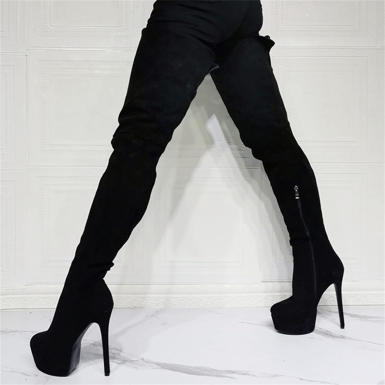 Damenmode Overknee-Stiefel aus schwarzem Wildleder sexy Plateau-Oberschenkelhohe Stiefel Fetisch-High-Heels Stripper-Club-Show Pumps-Schuhe shoes/Black/38EU
