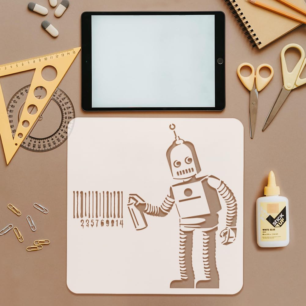FINGERINSPIRE Banksy Barcode Robot Painting Stencil 30x30cm Plastic PET Barcode Numbers Drawing Template Hollowed Banksy Graffiti Robot Stencil for Painting Large Banksy Theme Template for DIY - Image 3