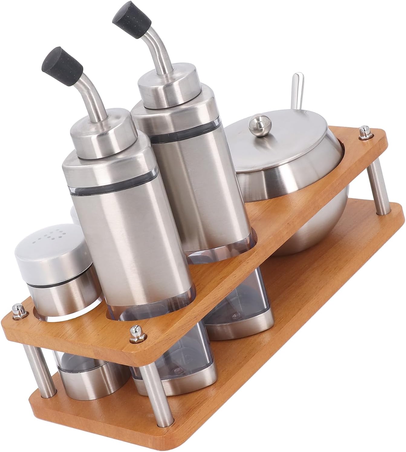 Condiment Dispensers Set with Wood Base, Oil Vinegar Bottles Set, 304 Stainless Steel Salt Sugar, Multifunctional Condiment Jars for Dining