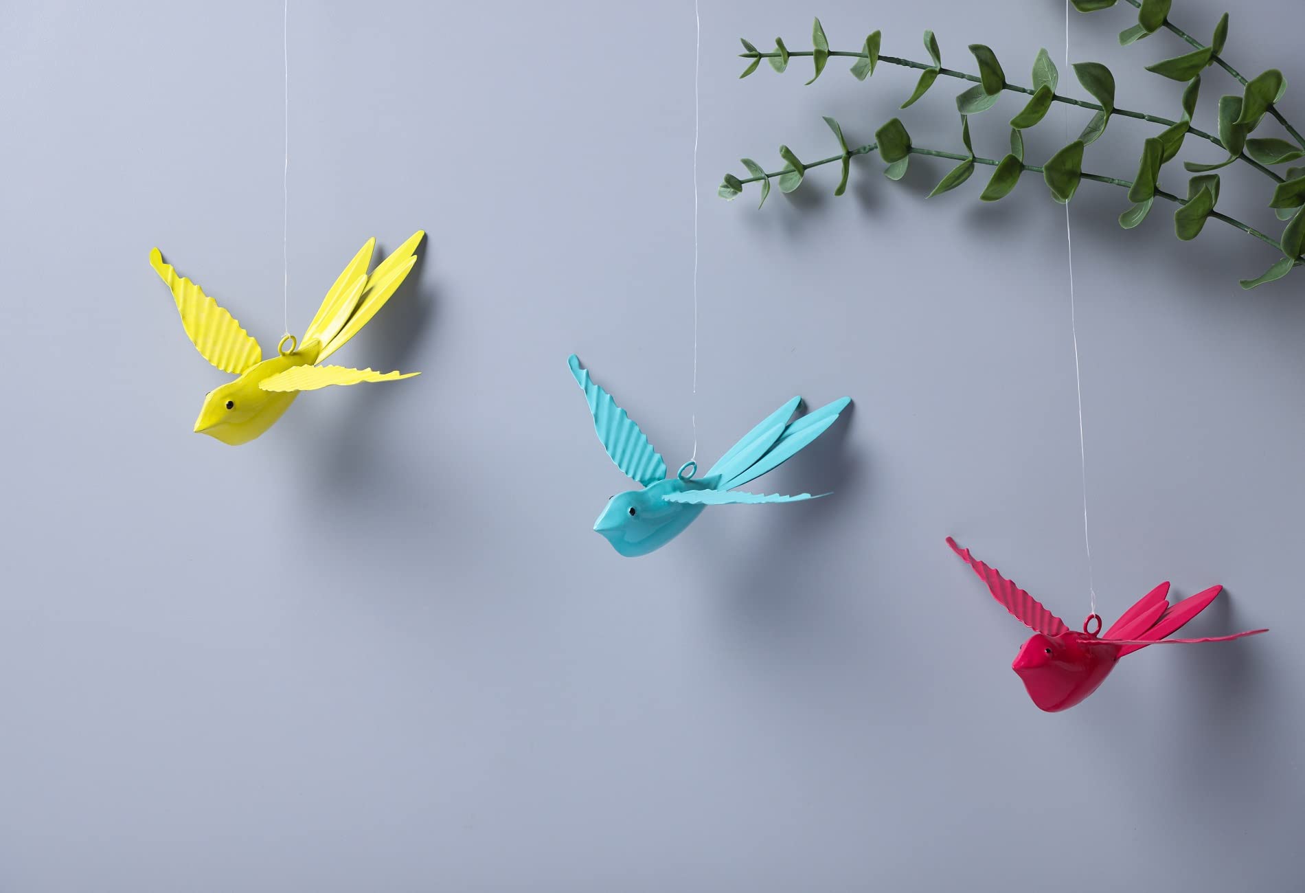 dudki Hanging Decorative Bird for Home Balcony and Garden Decor Large (Set of 3 -Pink,Aqua,Yellow),Metal 1